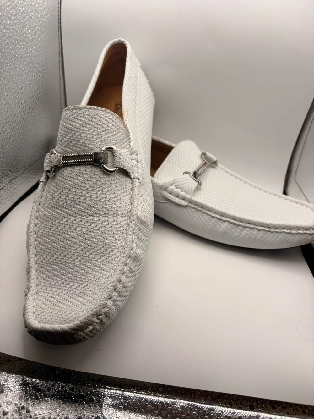 Men's White Slip-On Loafers with Silver Bit Accent